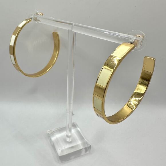 J Crew Gold White Striped Enamel Hoop Earrings Preppy Summer Casual - Picture 7 of 9
